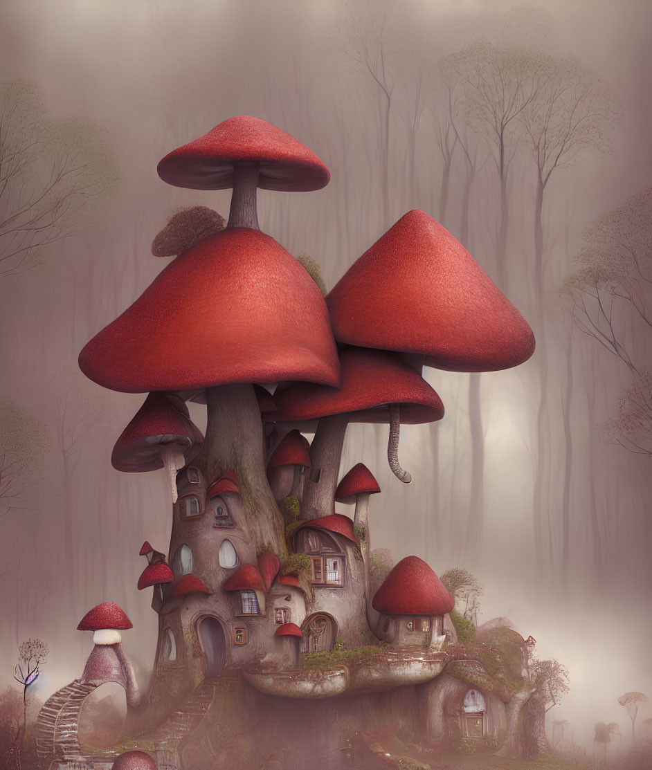 Whimsical mushroom house illustration in misty forest