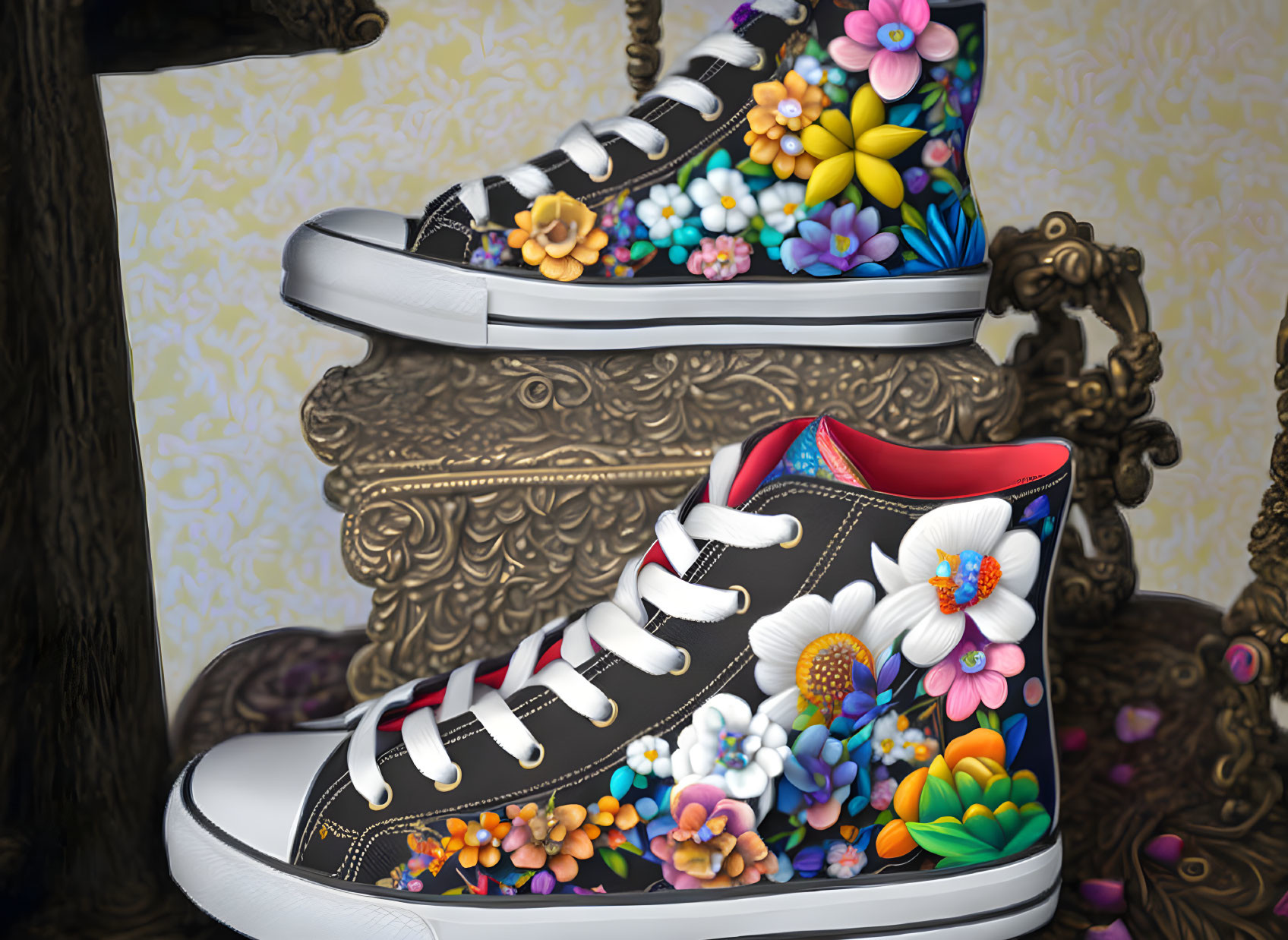 Colorful Floral Pattern High-Top Sneakers on Baroque-Style Background