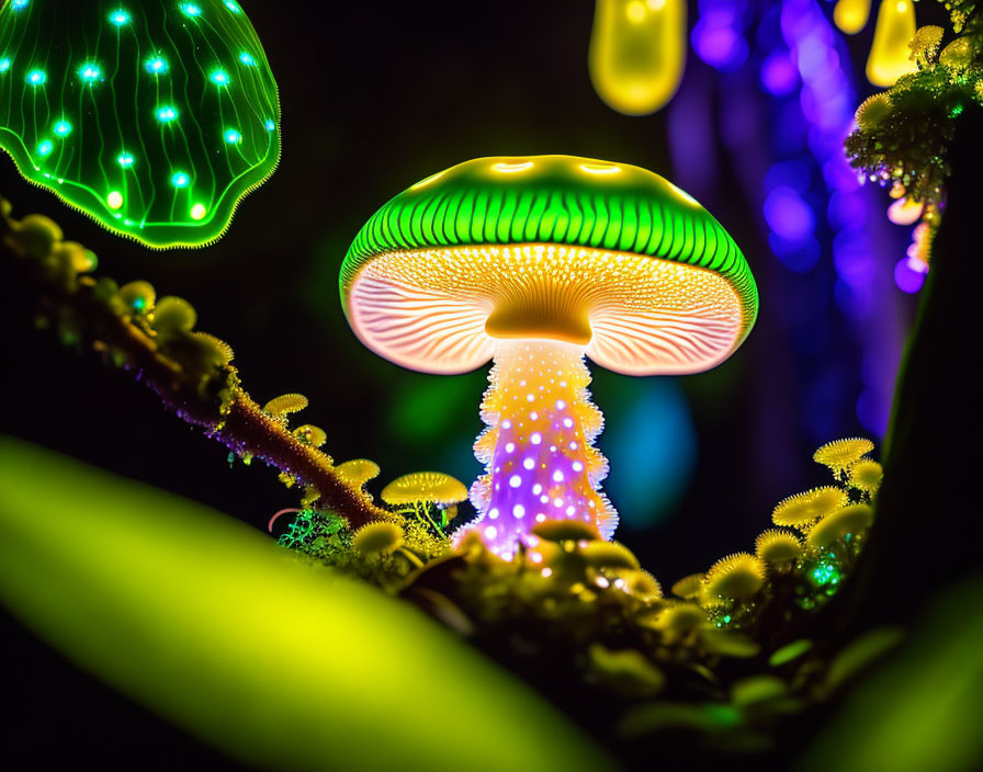 Neon green and yellow illuminated mushroom in dark setting