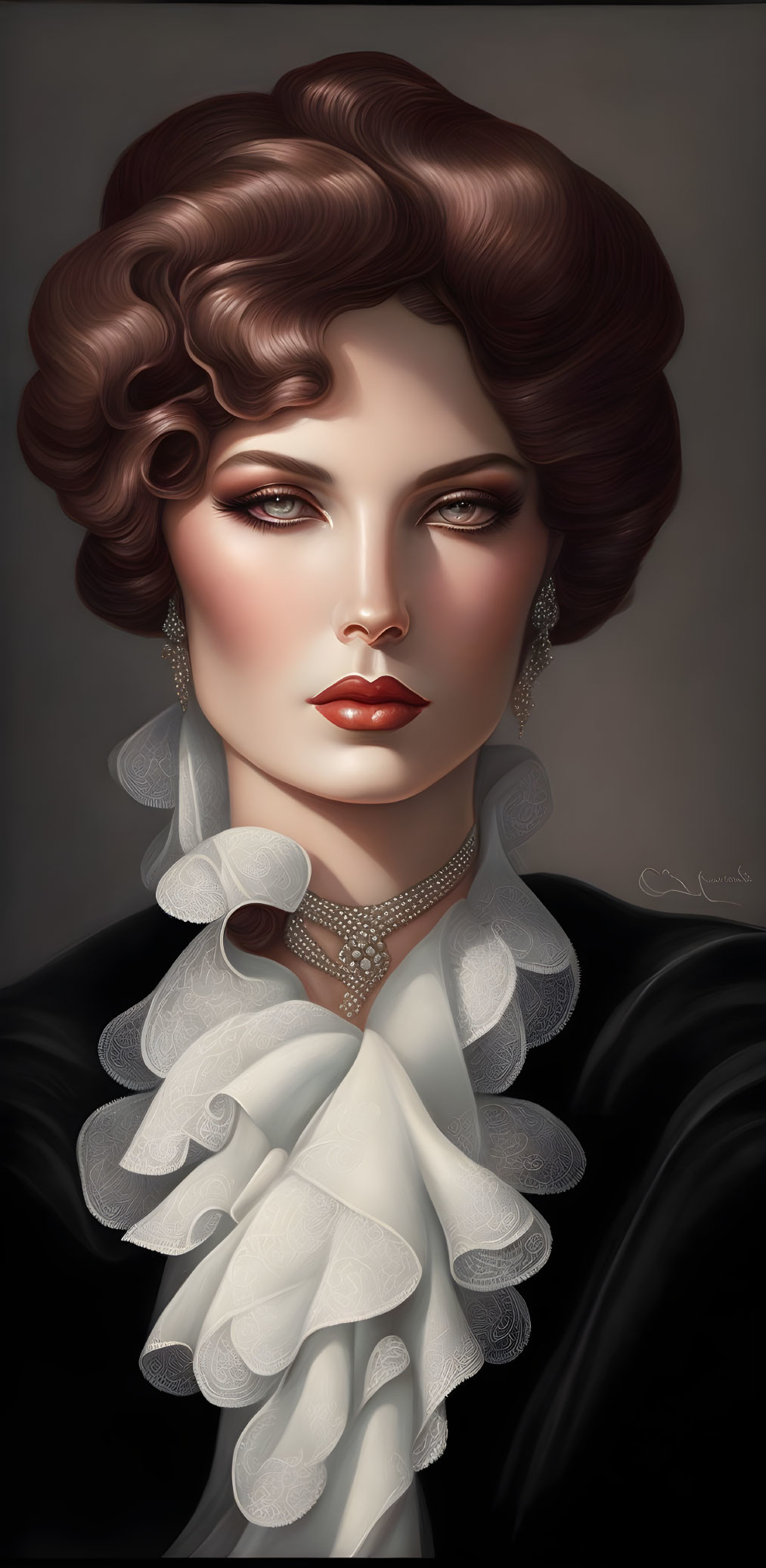 Detailed portrait of woman with voluminous brown hair and red lips in black outfit.