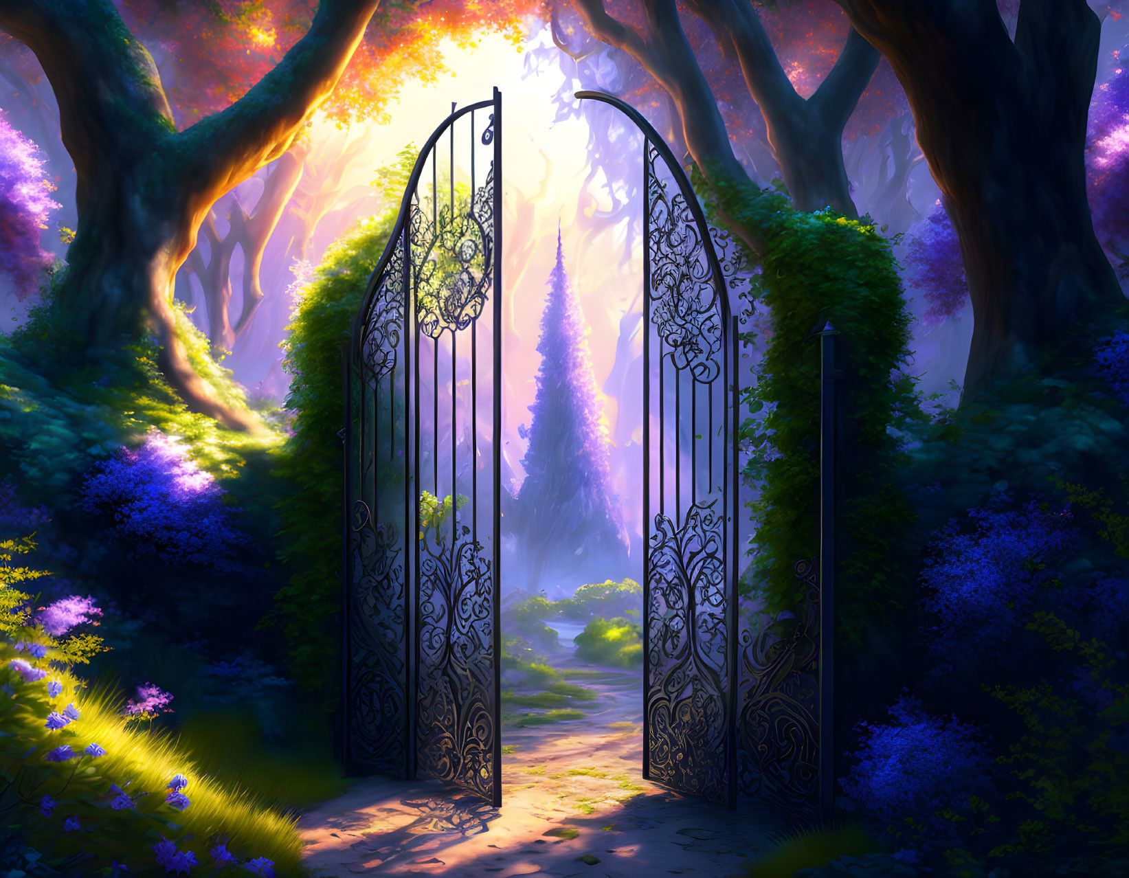 Ornate Gate Opens to Mystical Forest in Purple and Blue Hues