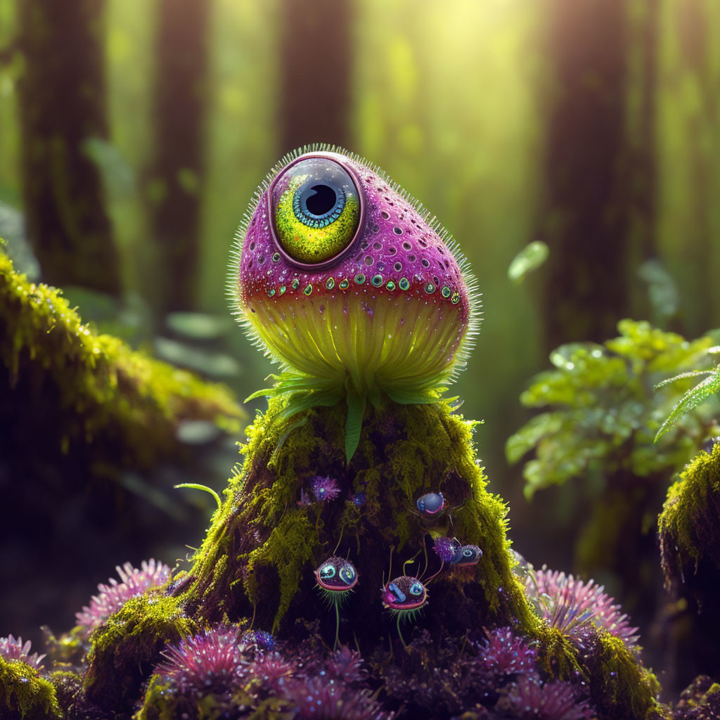 Whimsical creature with large eye on green stalk in mystical forest