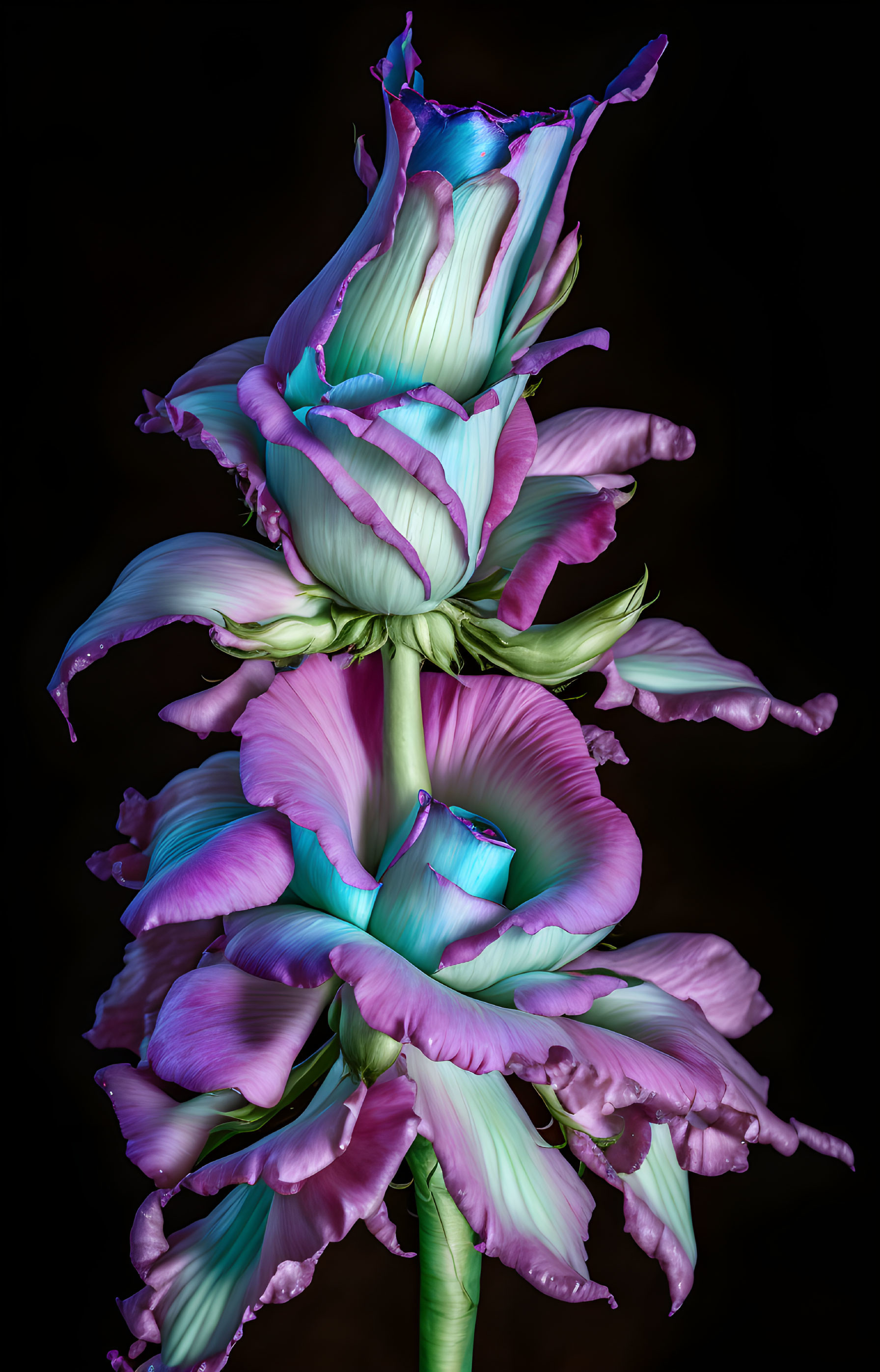 Iridescent layered petal flower in green and pink hues on dark backdrop