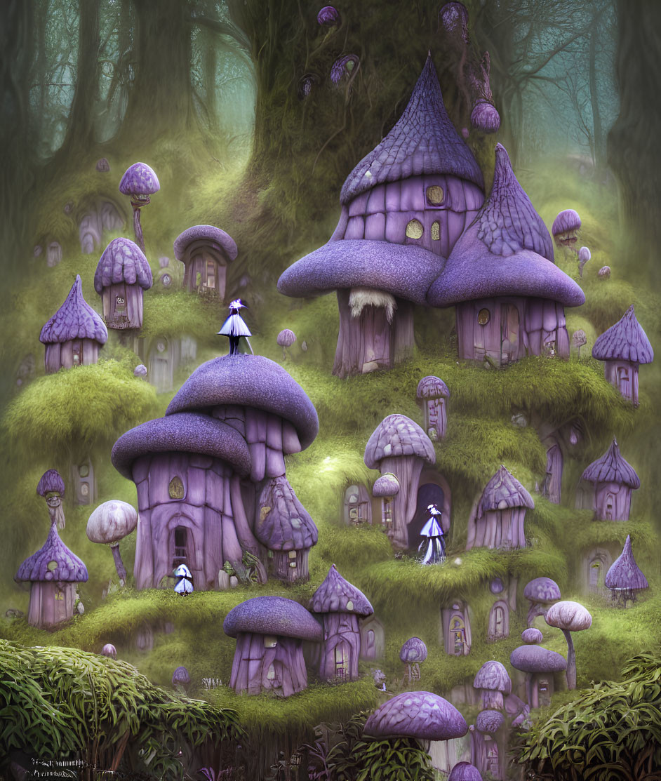 Mystical village with mushroom-shaped houses in enchanted forest