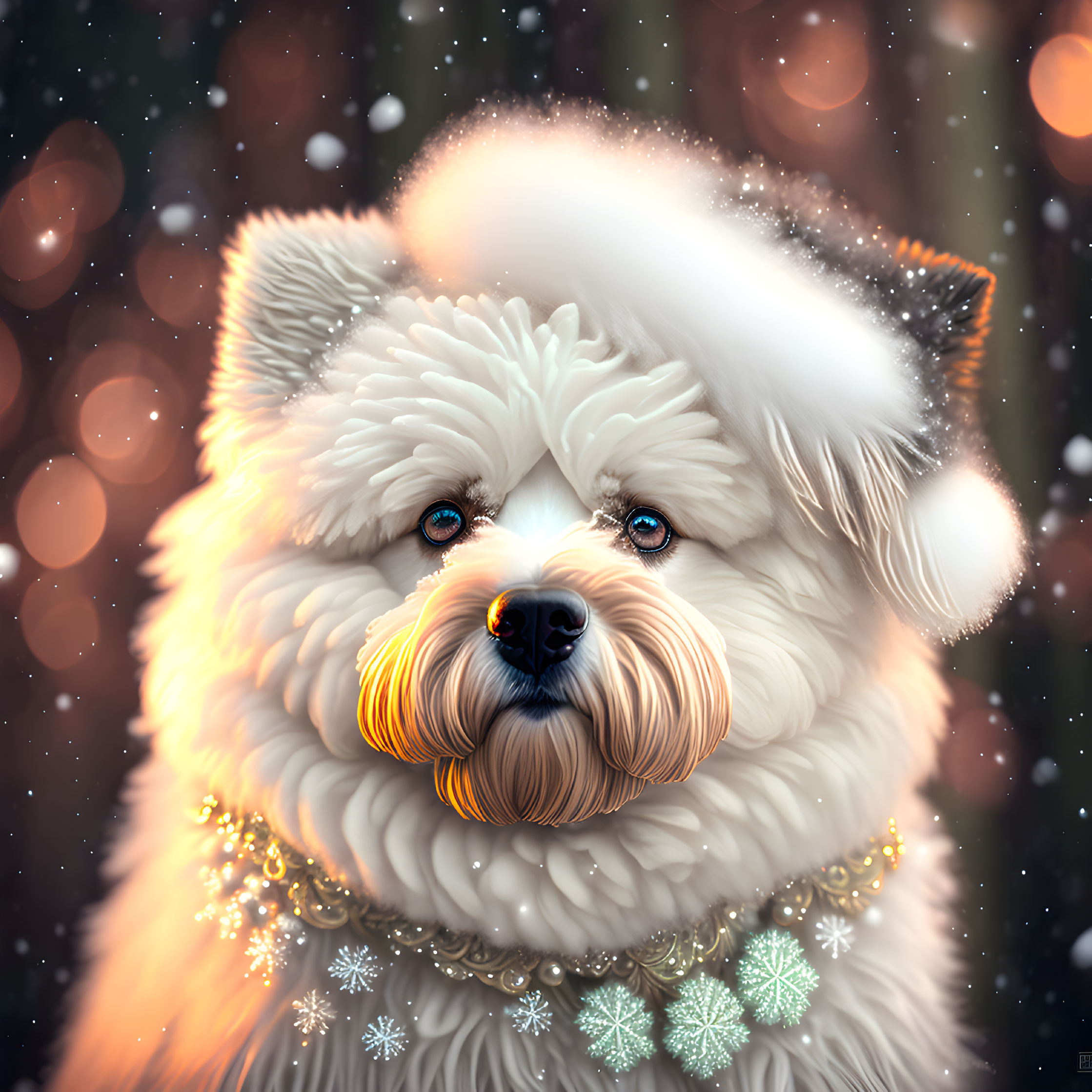 Fluffy White Dog with Gold Necklace and Snowflakes in Snowy Scene