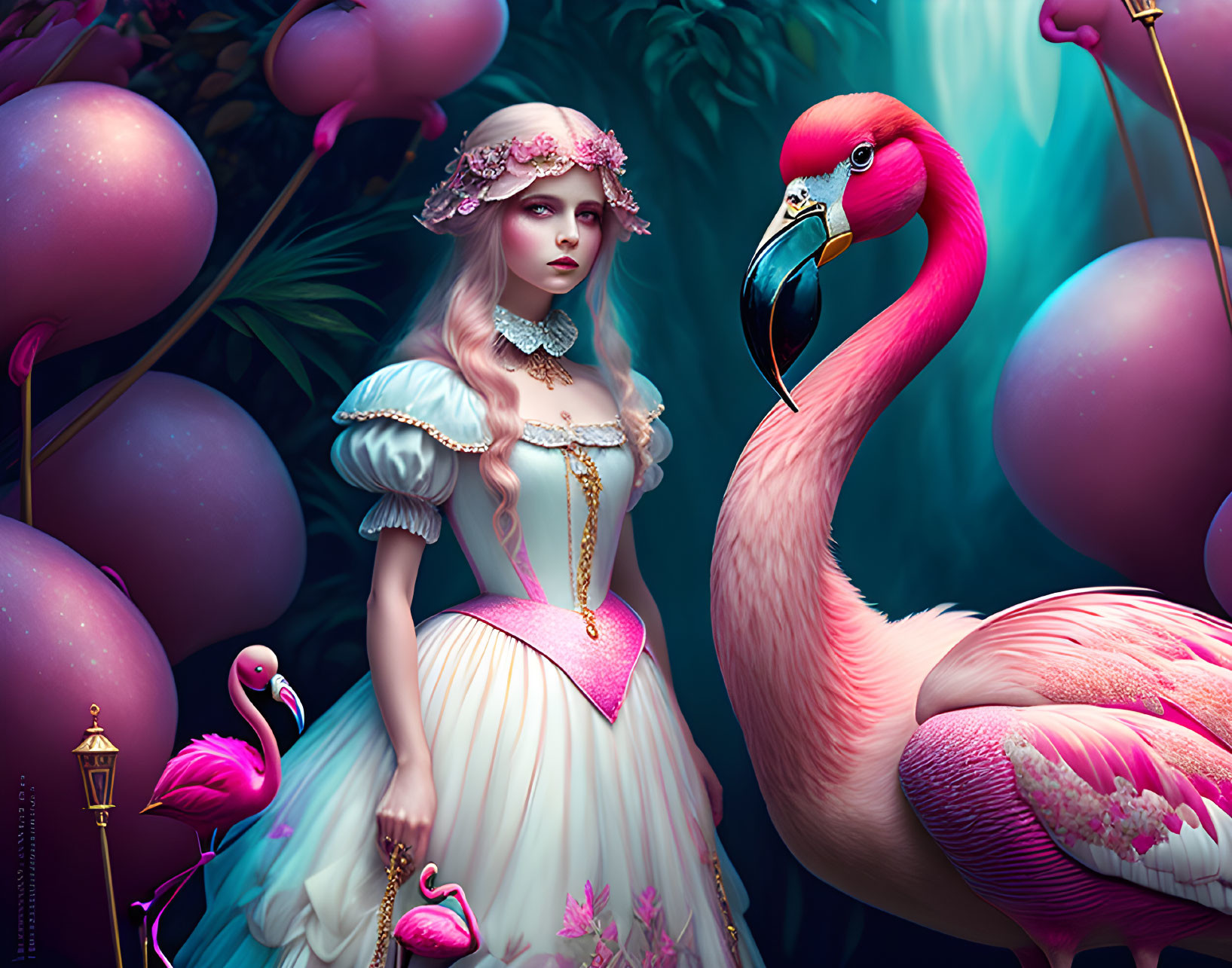 Surreal portrait of woman in Victorian dress with flamingo in mystical pink setting