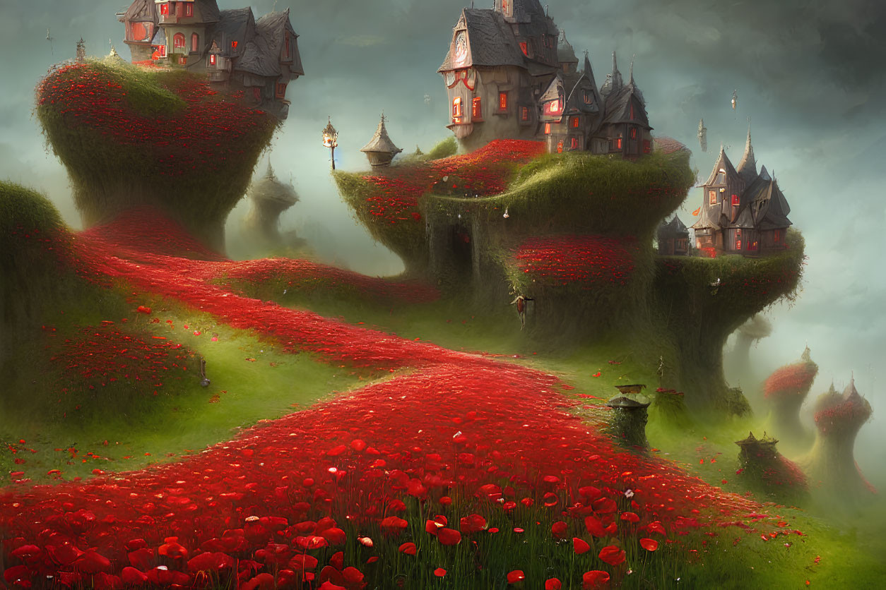 Whimsical houses on lush floating islands with red poppy pathway