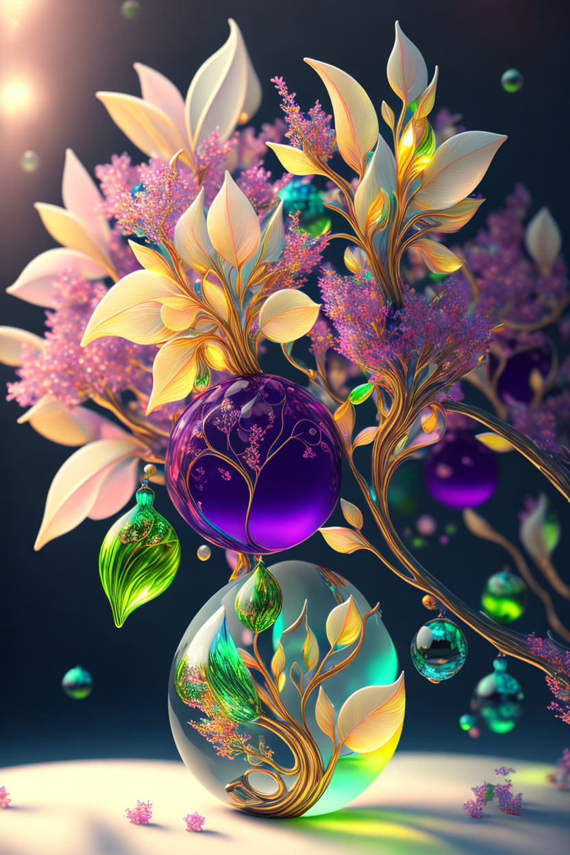 Fantastical image: Vibrant trees, golden leaves, pink flowers, colorful baubles.