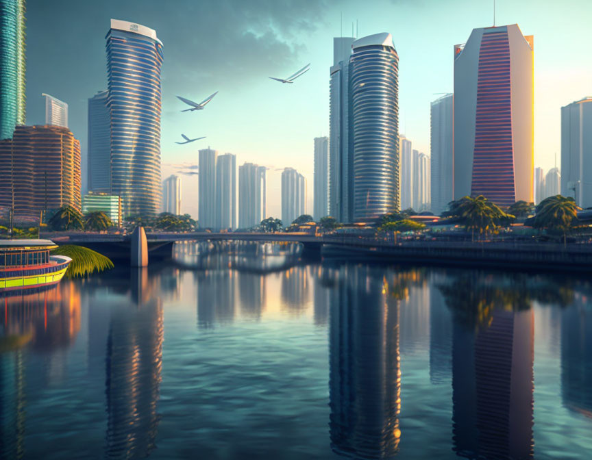 Futuristic cityscape with high-rise buildings and flying vehicles reflected in water