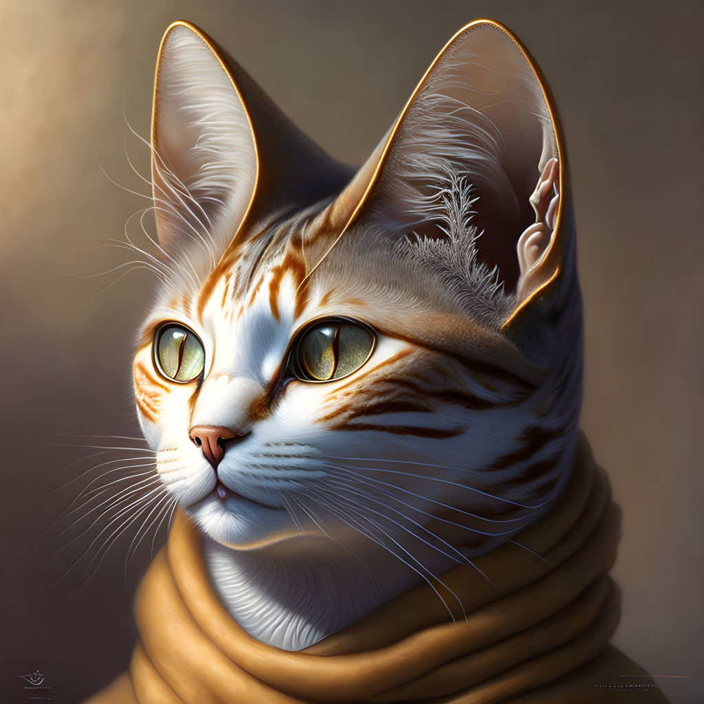 Detailed Digital Illustration of Cat with Amber Eyes and Brown Scarf