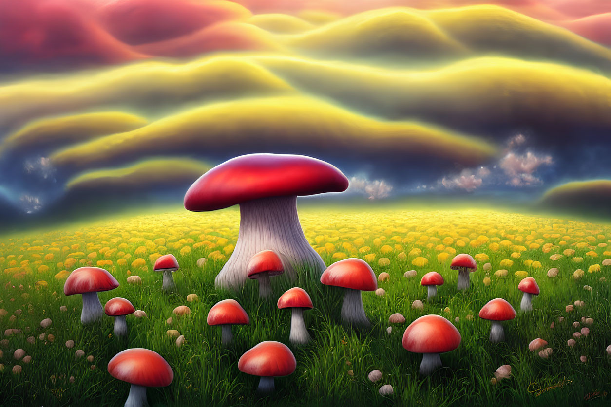 Colorful illustration: Oversized red mushrooms in green field under dramatic sunset sky