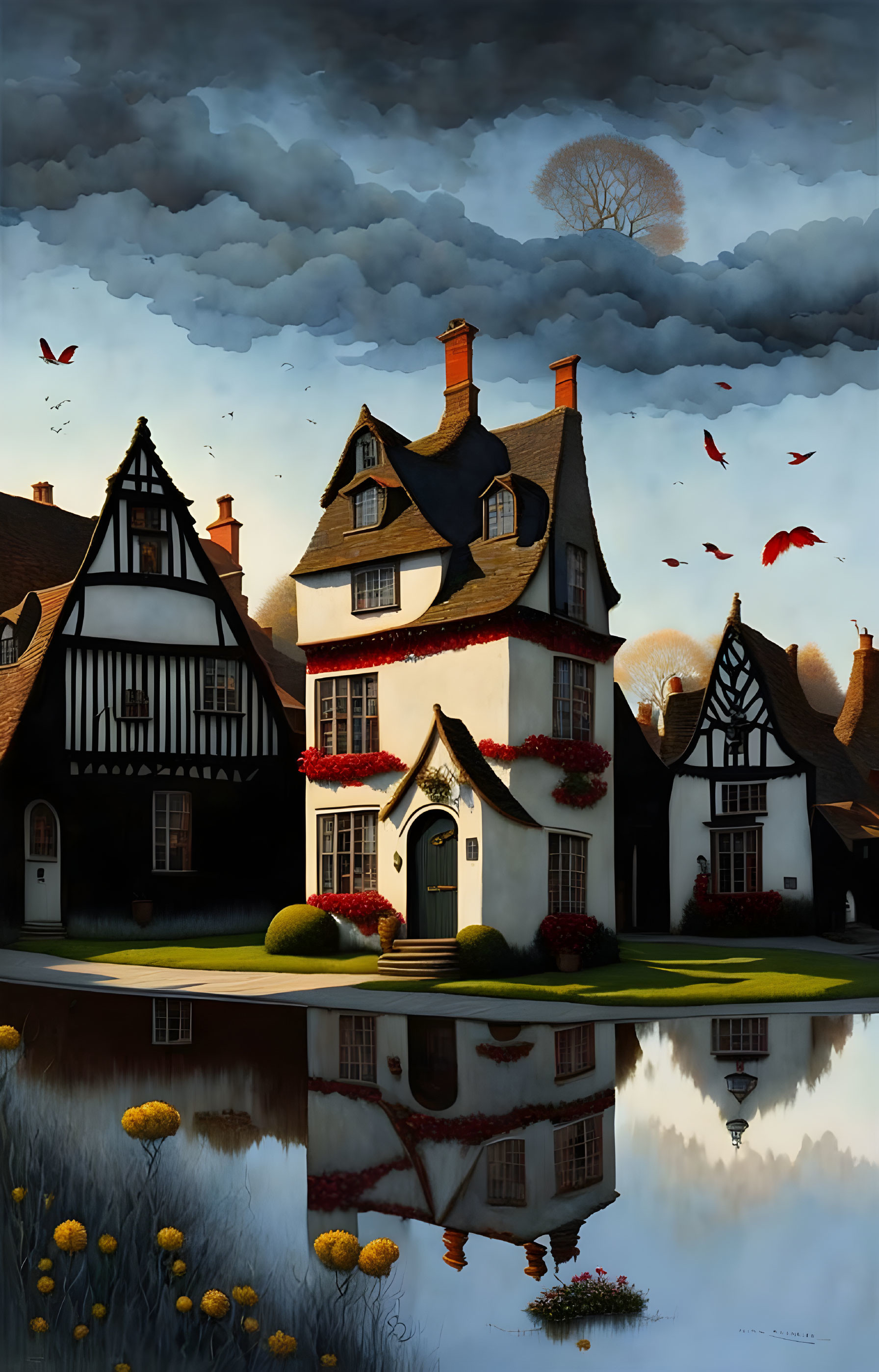 Tudor-style Houses by Reflective Pond with Flowers and Birds