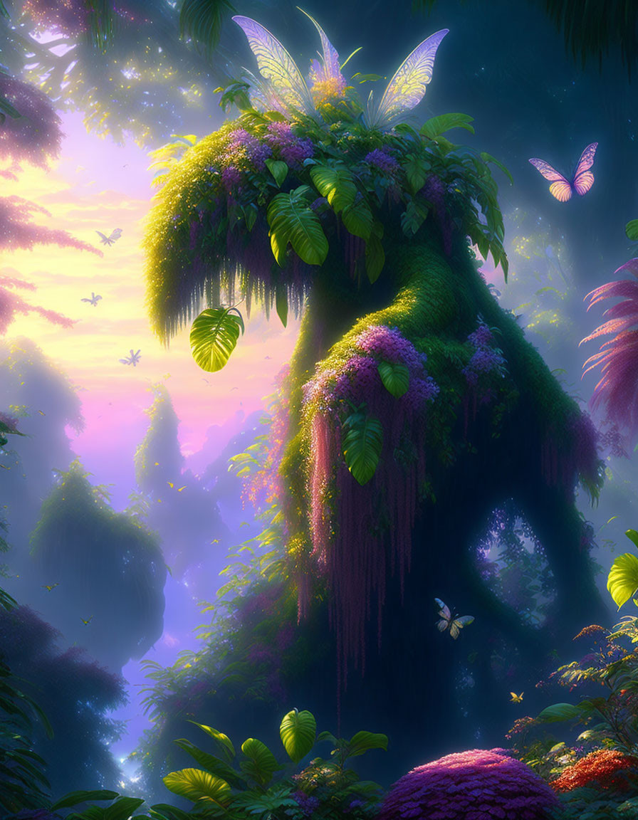 Enchanting forest with vibrant foliage, hanging vines, floating islands, and glowing butterflies