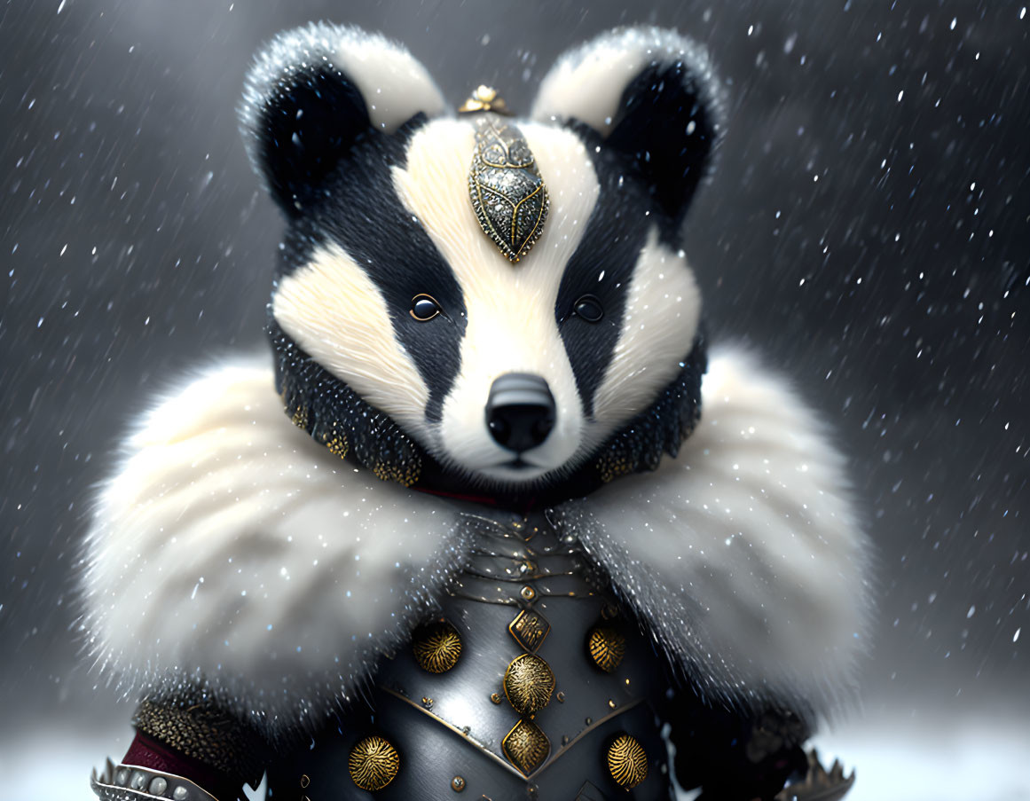 Medieval armor-clad badger in snowy scene