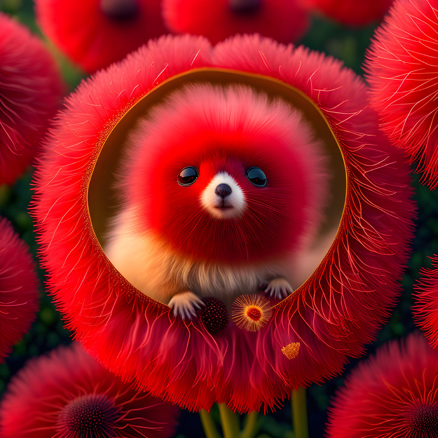 Fluffy red and white creature in vibrant flower garden