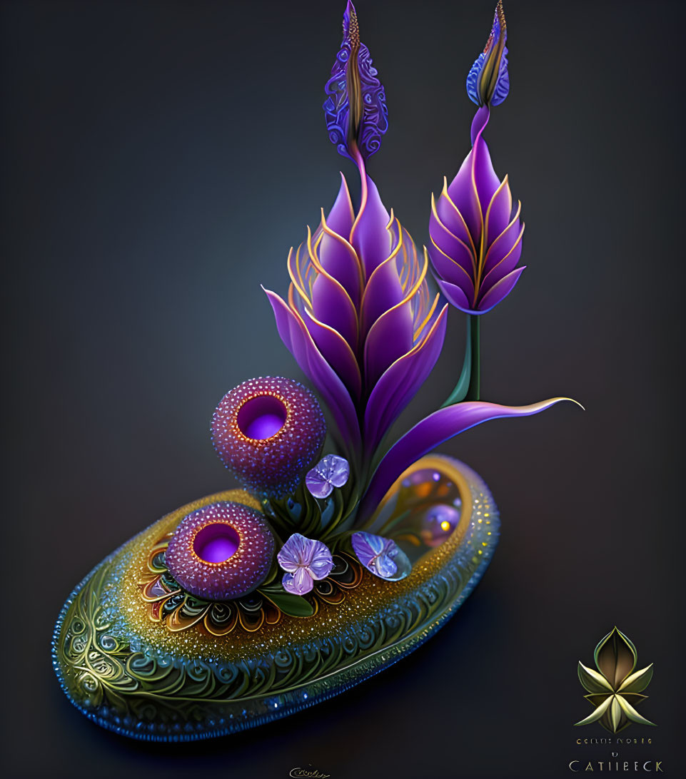 Stylized digital artwork of ornamental plant with jewel-toned leaves and intricate patterns