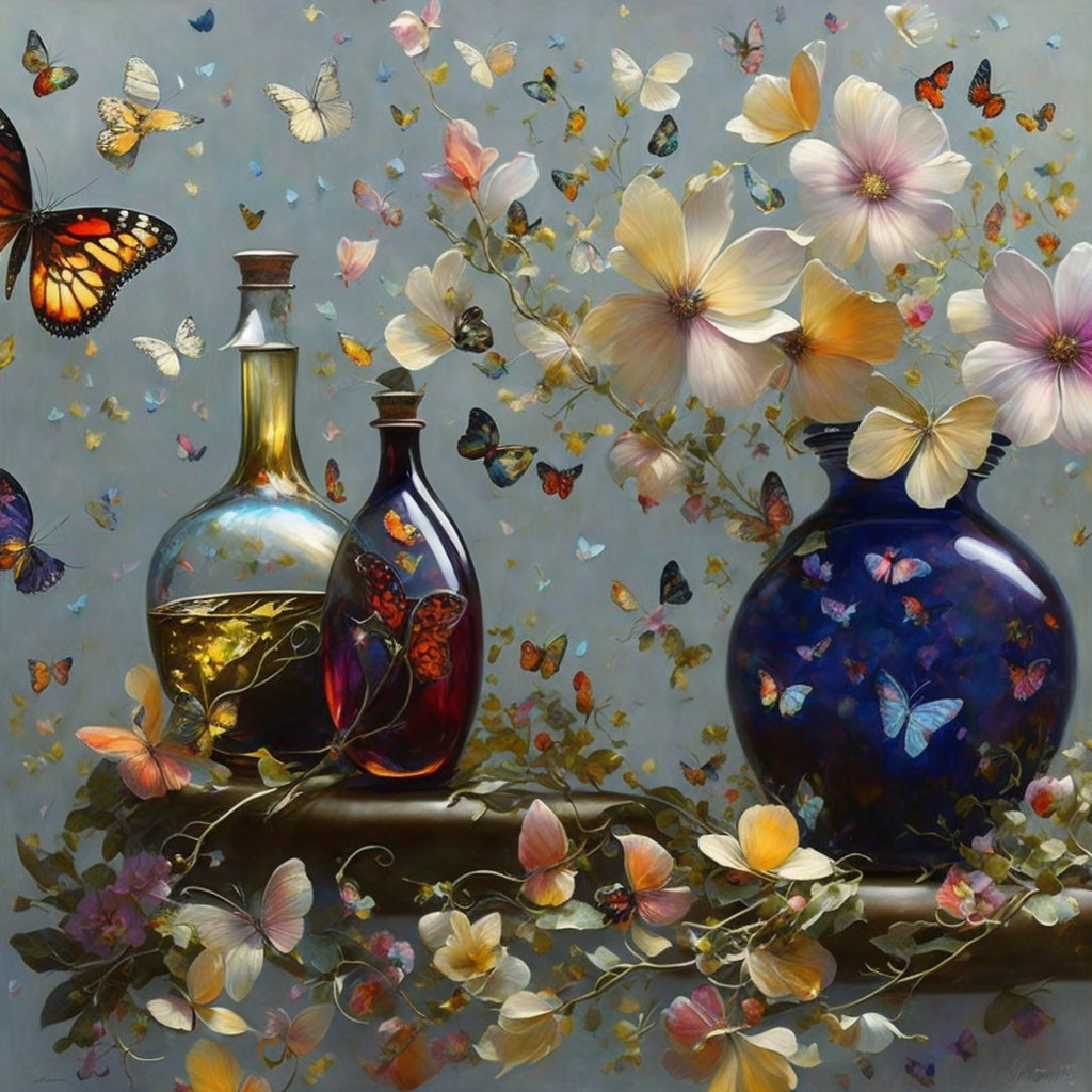 Colorful Still Life Painting with Vases, Flowers, and Butterflies on Grey Background