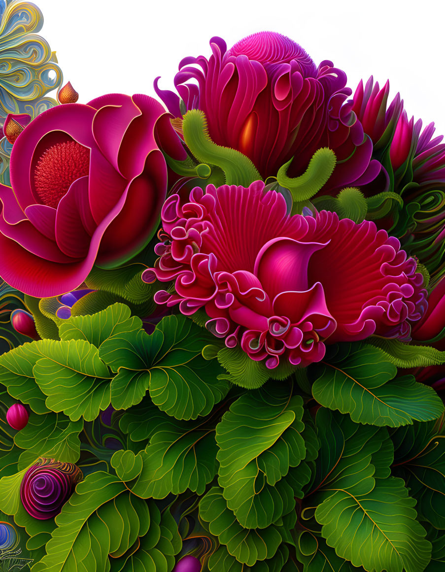 Colorful digital artwork: stylized red and pink flowers with green foliage