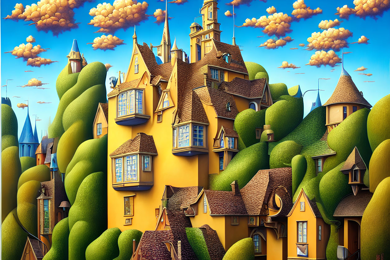 Whimsical yellow castle in green hills under blue sky