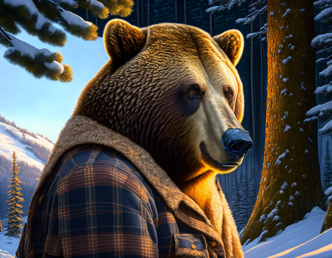 Bear in Plaid Shirt in Snowy Forest Landscape