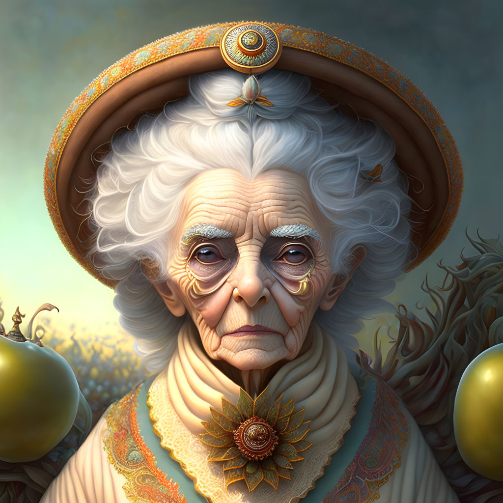 Elderly woman in regal antique dress with golden ornaments