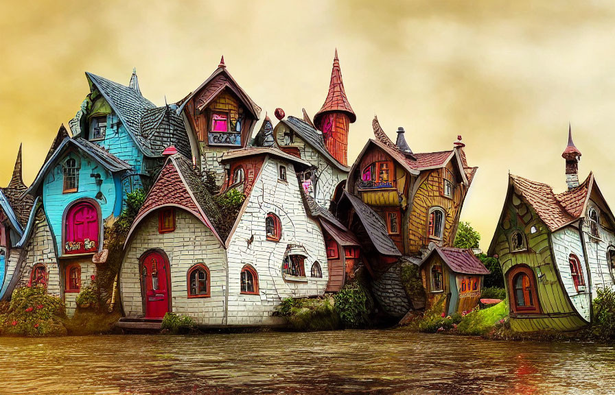 Whimsical fairytale village with vibrant roofs and playful details