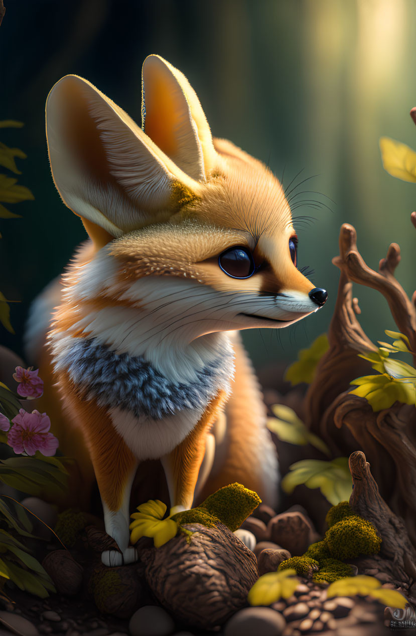 Stylized anthropomorphic fennec fox in woodland setting