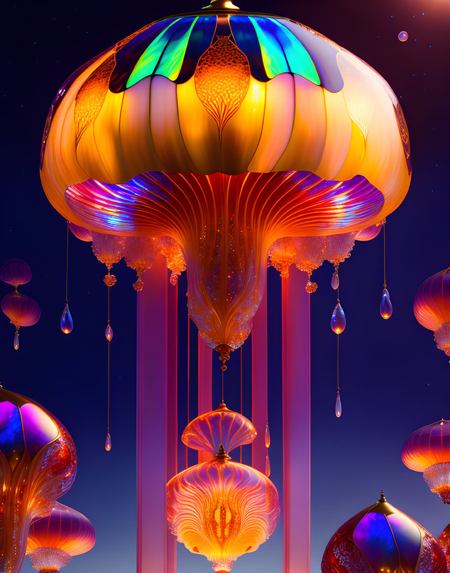 Colorful digital artwork of bioluminescent jellyfish in starlit sky