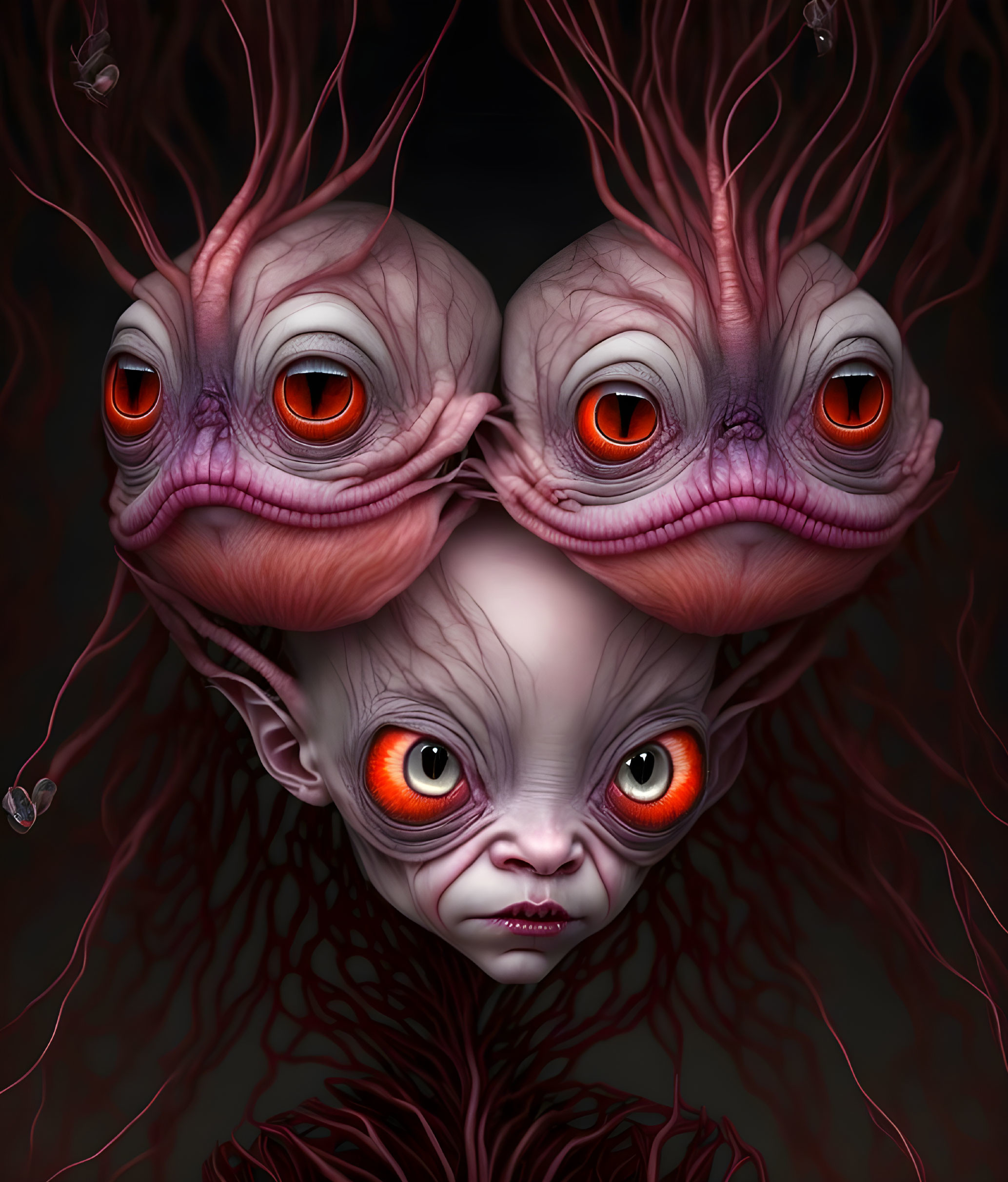 Surreal digital artwork of creature with multiple heads and tendrils