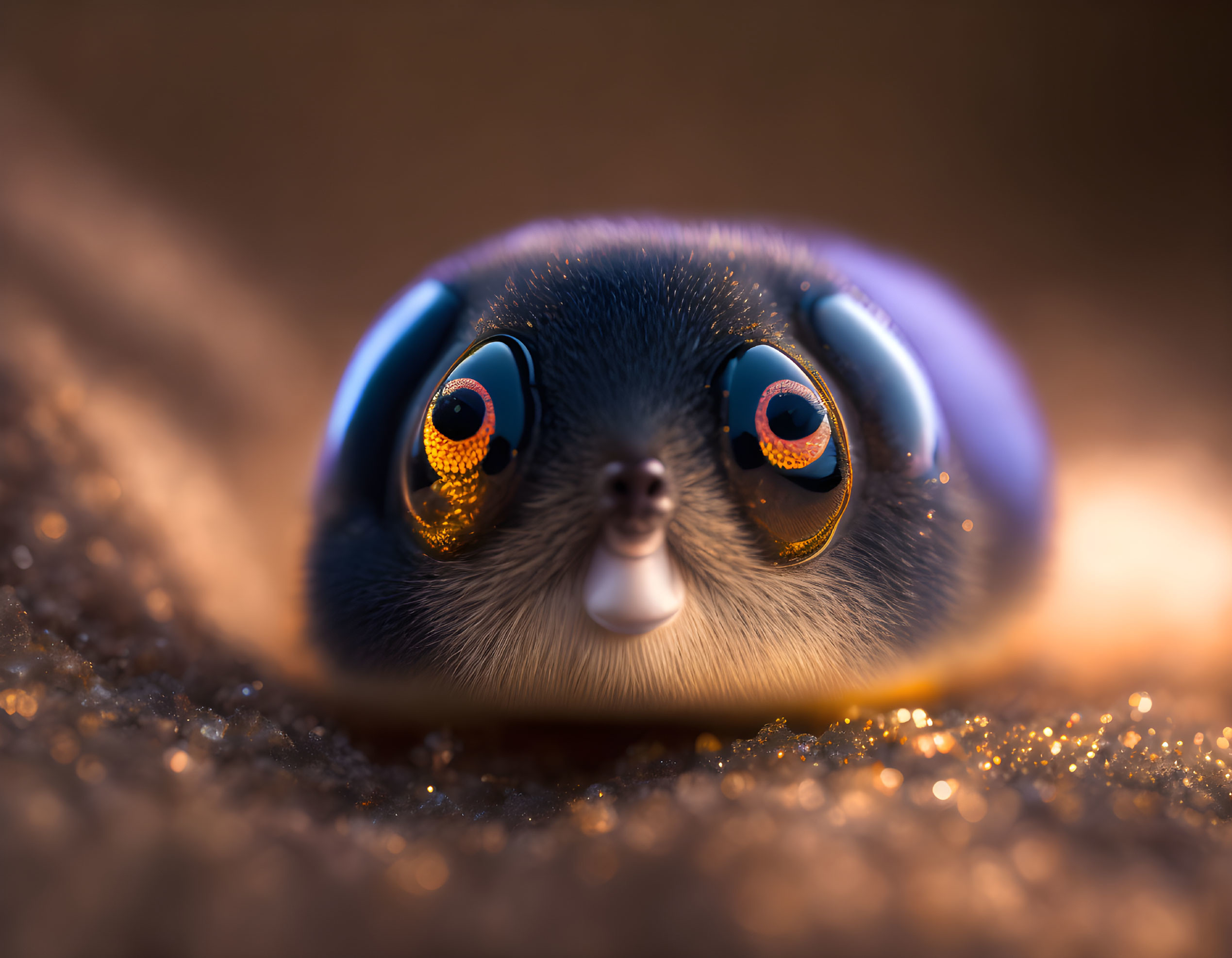 Close-up digital character with large glossy eyes and tiny nose behind shimmering surface