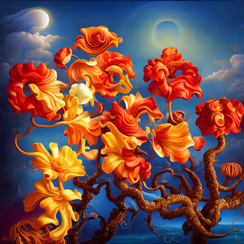 Vibrant surreal tree art with orange and yellow flowers under a dual sun-moon sky