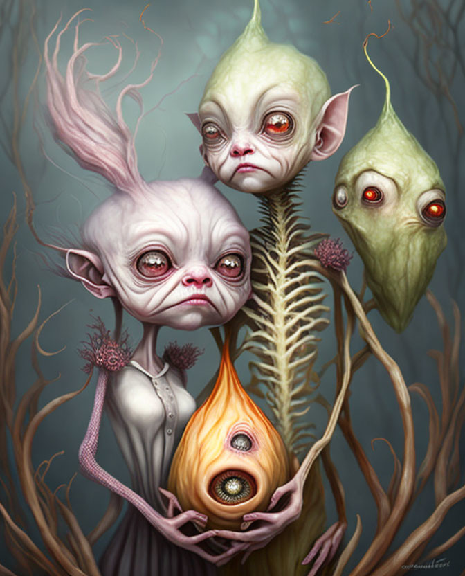 Fantastical creatures with oversized heads and plant-like features among twisted branches.