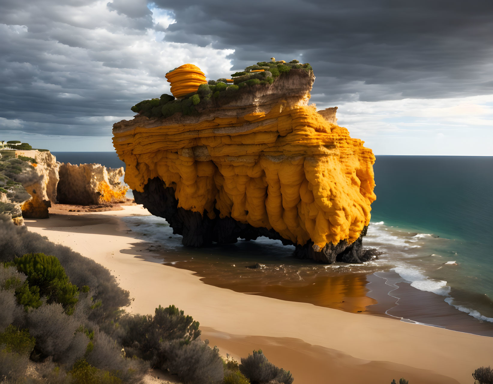 Sandstone cliffs with orange and brown layers near the sea under a cloudy sky