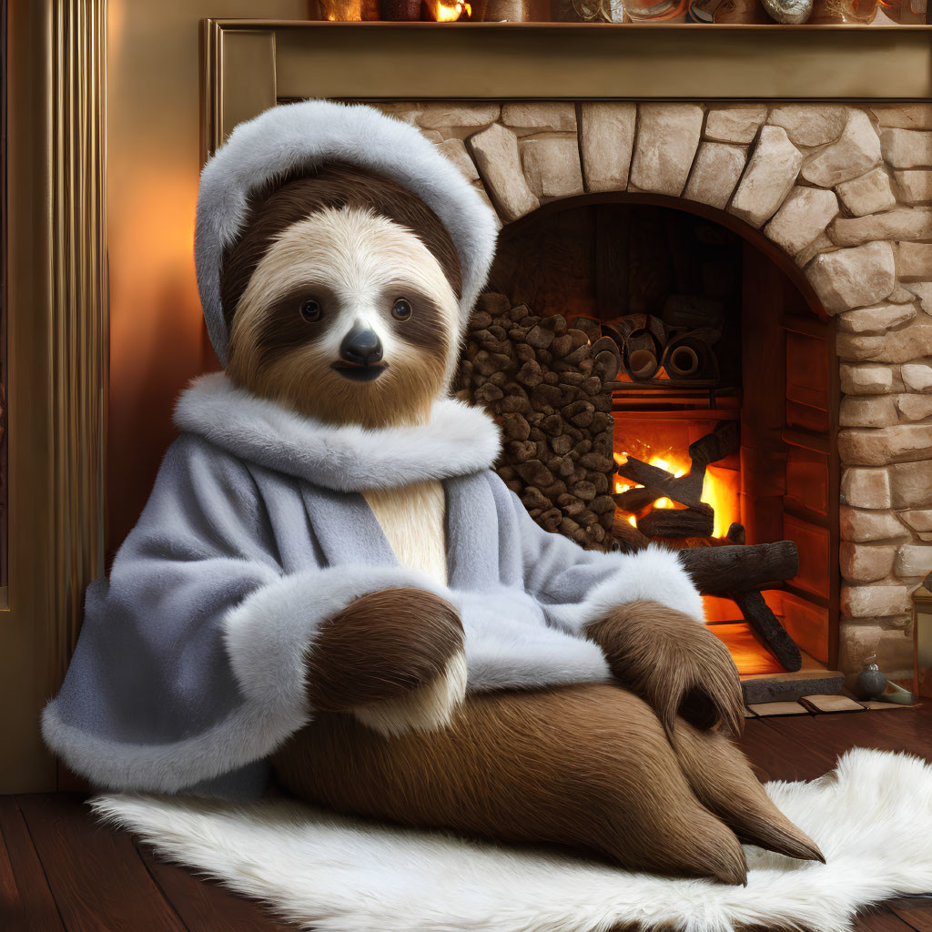 Sloth in Blue Robe Relaxing by Fireplace