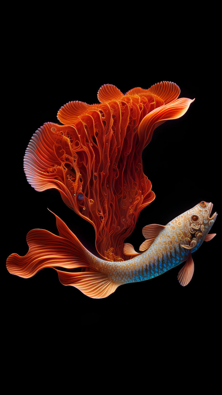 Lavish Goldfish Artwork with Fiery Tail on Black Background