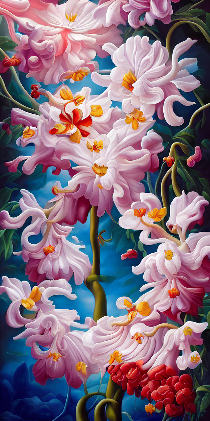 Detailed Pink Orchids Painting on Dark Background