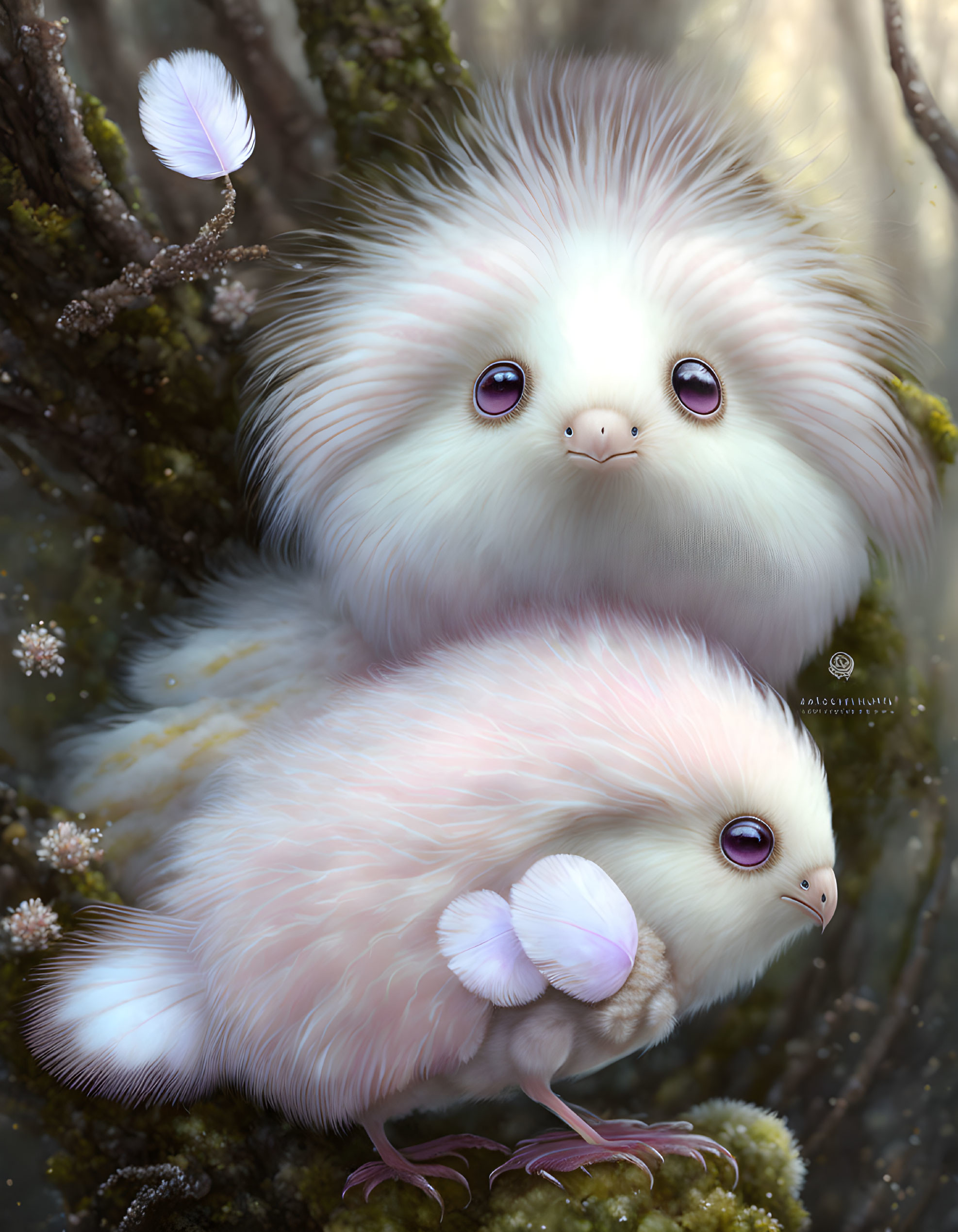 Fluffy fantastical creatures with expressive eyes in woodland setting