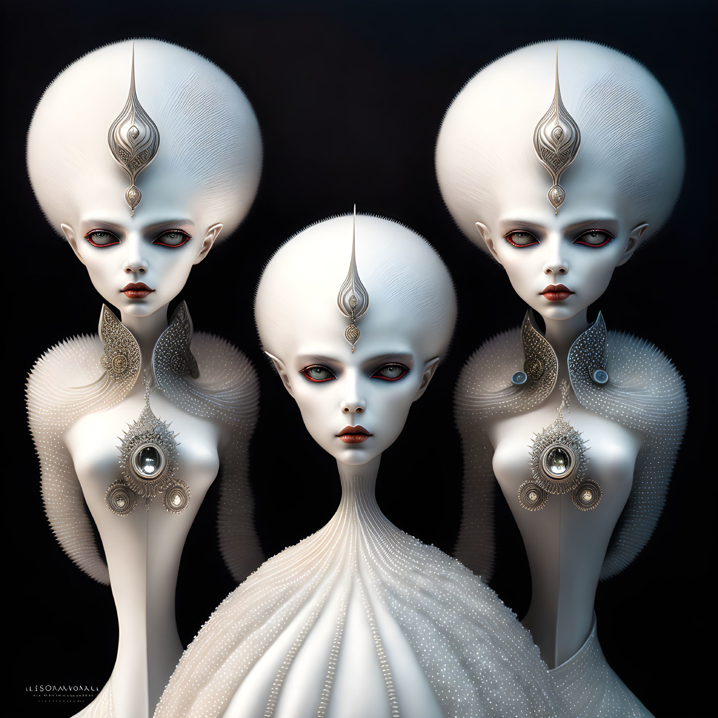 Three pale figures with elongated heads and red eyes in silver adornments on dark background