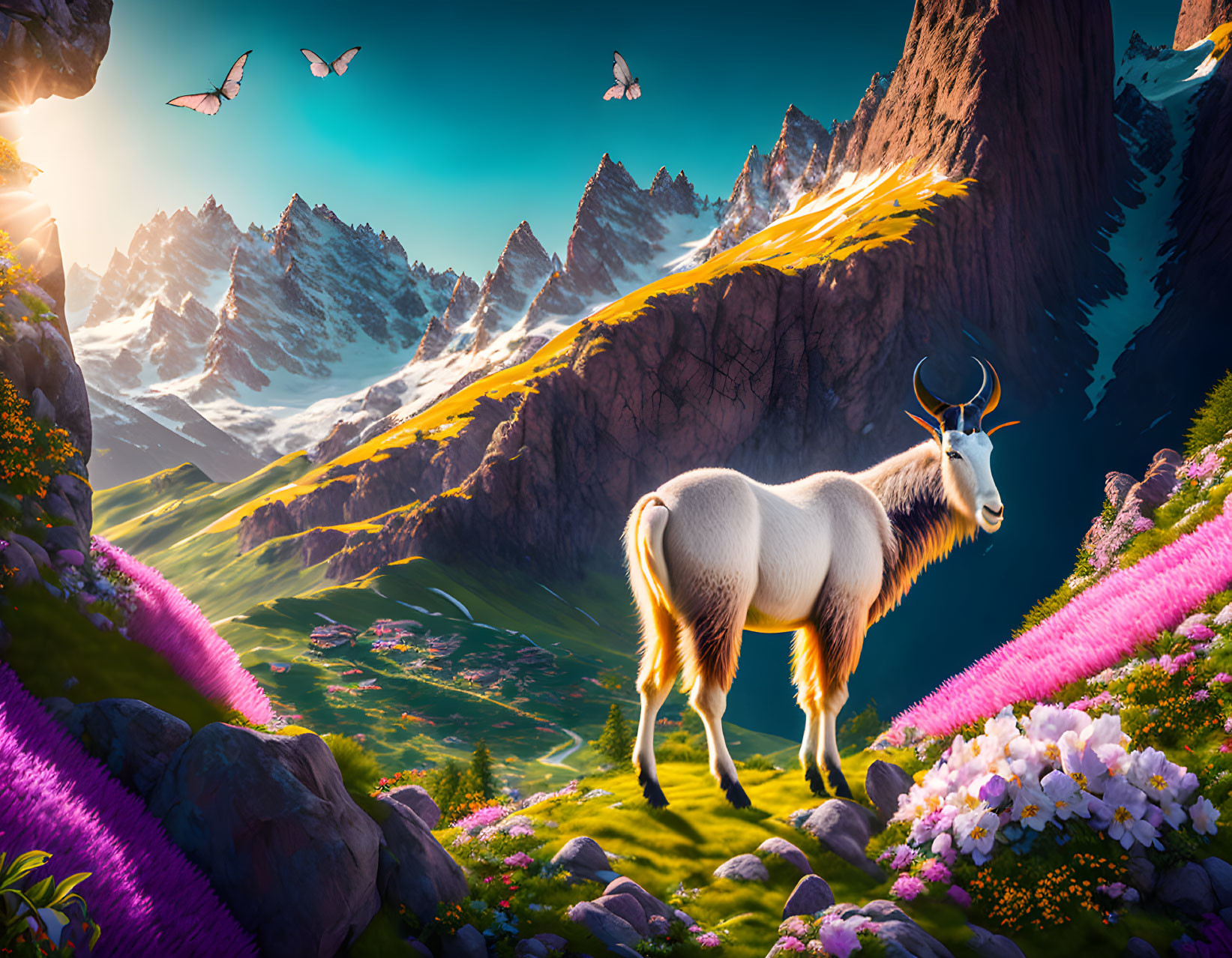 Majestic goat in mountain landscape with vibrant flowers