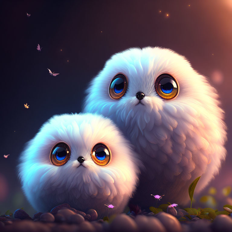 Fluffy white fantasy creatures with blue eyes in magical twilight