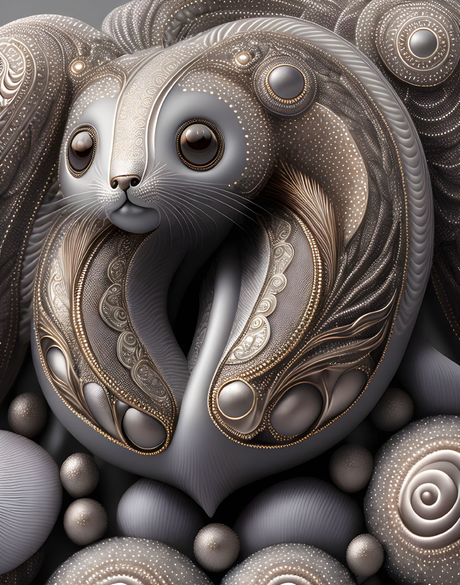 Intricate gray and cream rabbit design with swirling patterns and spherical textures