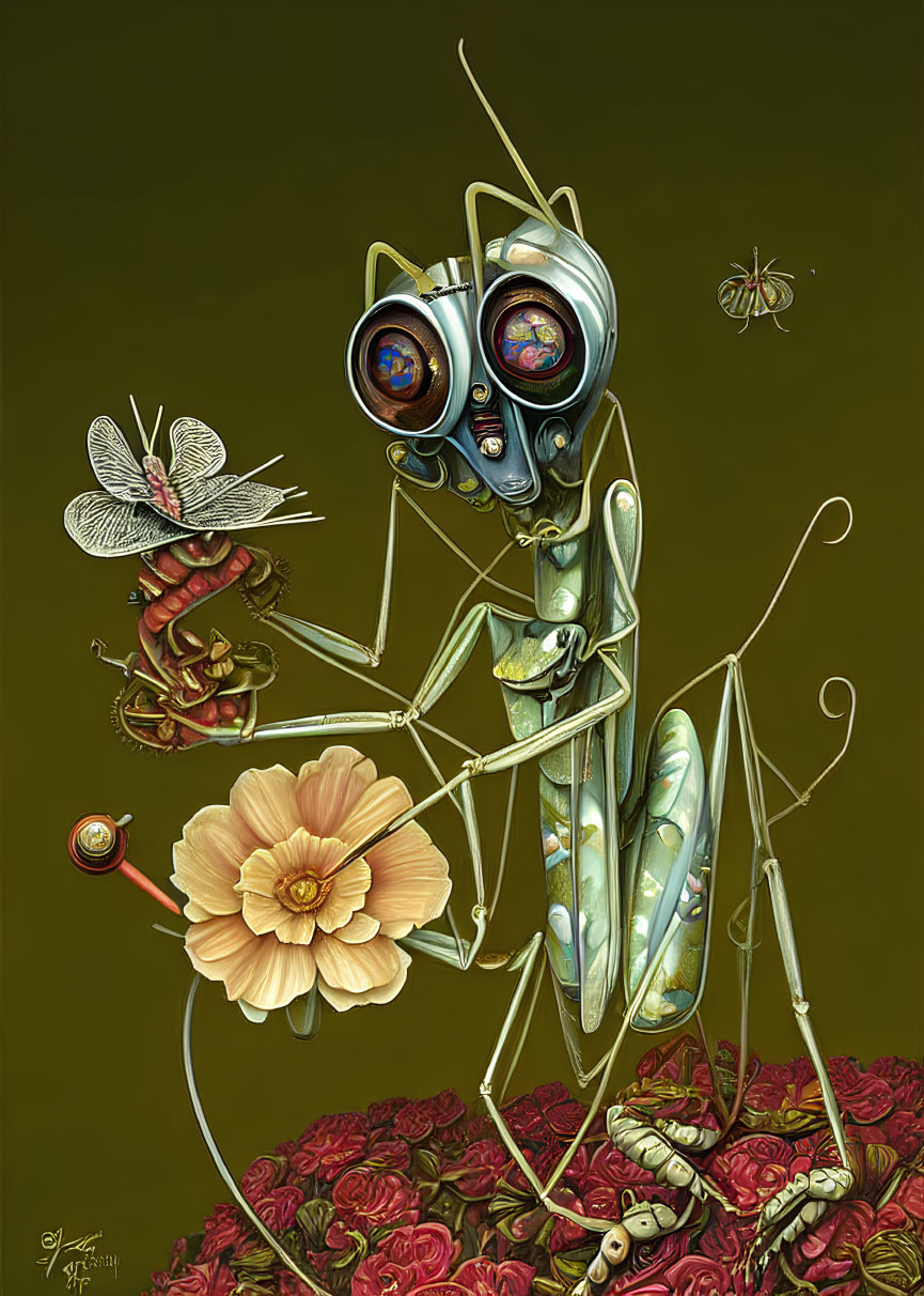 Detailed illustration of mechanical praying mantis, gears, cogs, flowers, robotic bee, and spider