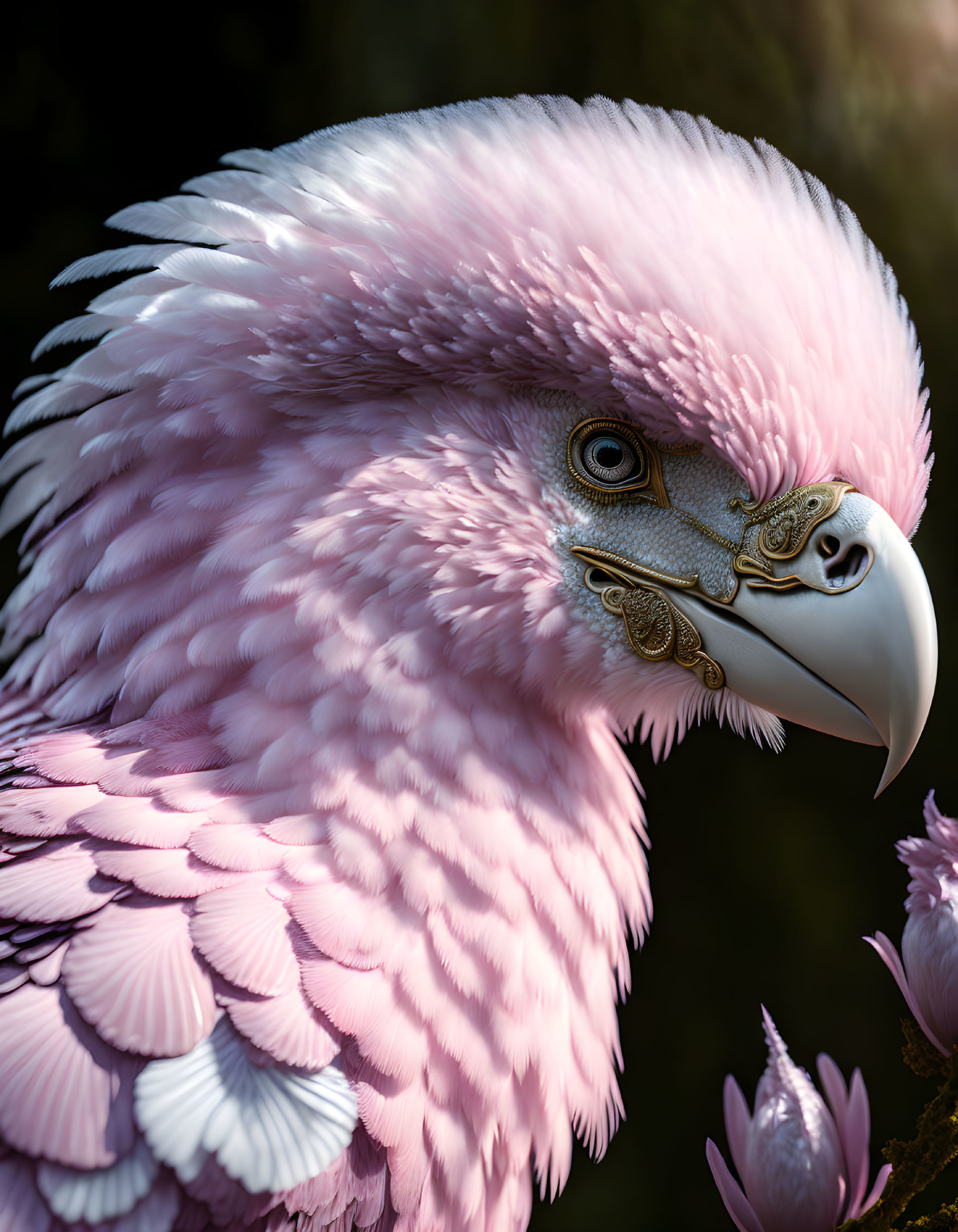 Stylized pink feathered eagle with metallic facial details on dark background