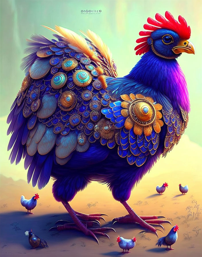 Colorful stylized illustration of a large peacock-like bird with royal blue and golden plumage,