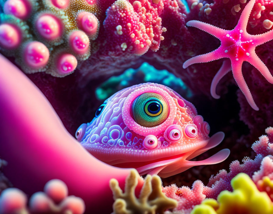 Colorful Underwater Illustration with Whimsical Pink Creature and Coral