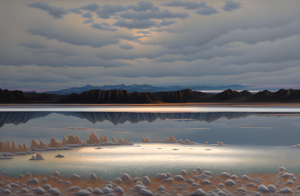 Tranquil landscape with reflective lake, salt formations, silhouetted mountains, and cloudy sky