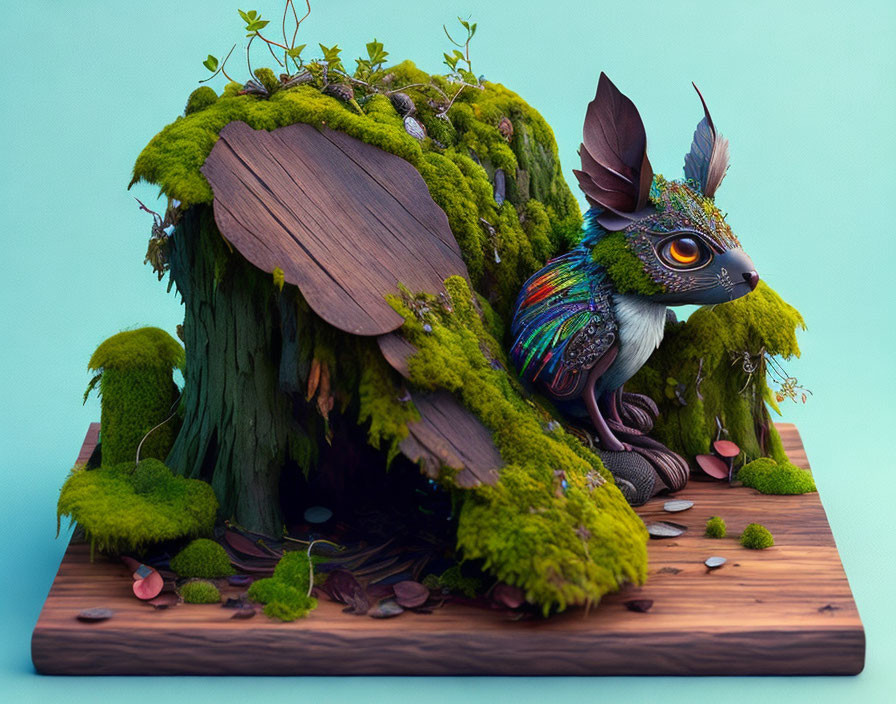 Colorful fantastical bird-like creature on wooden base with iridescent feathers, teal background