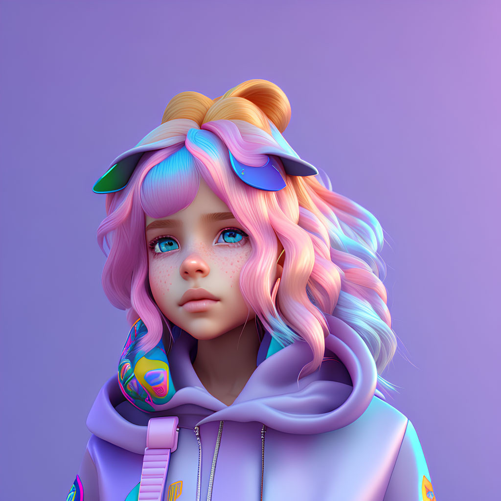 Colorful 3D illustration of a girl with pastel rainbow hair and freckles