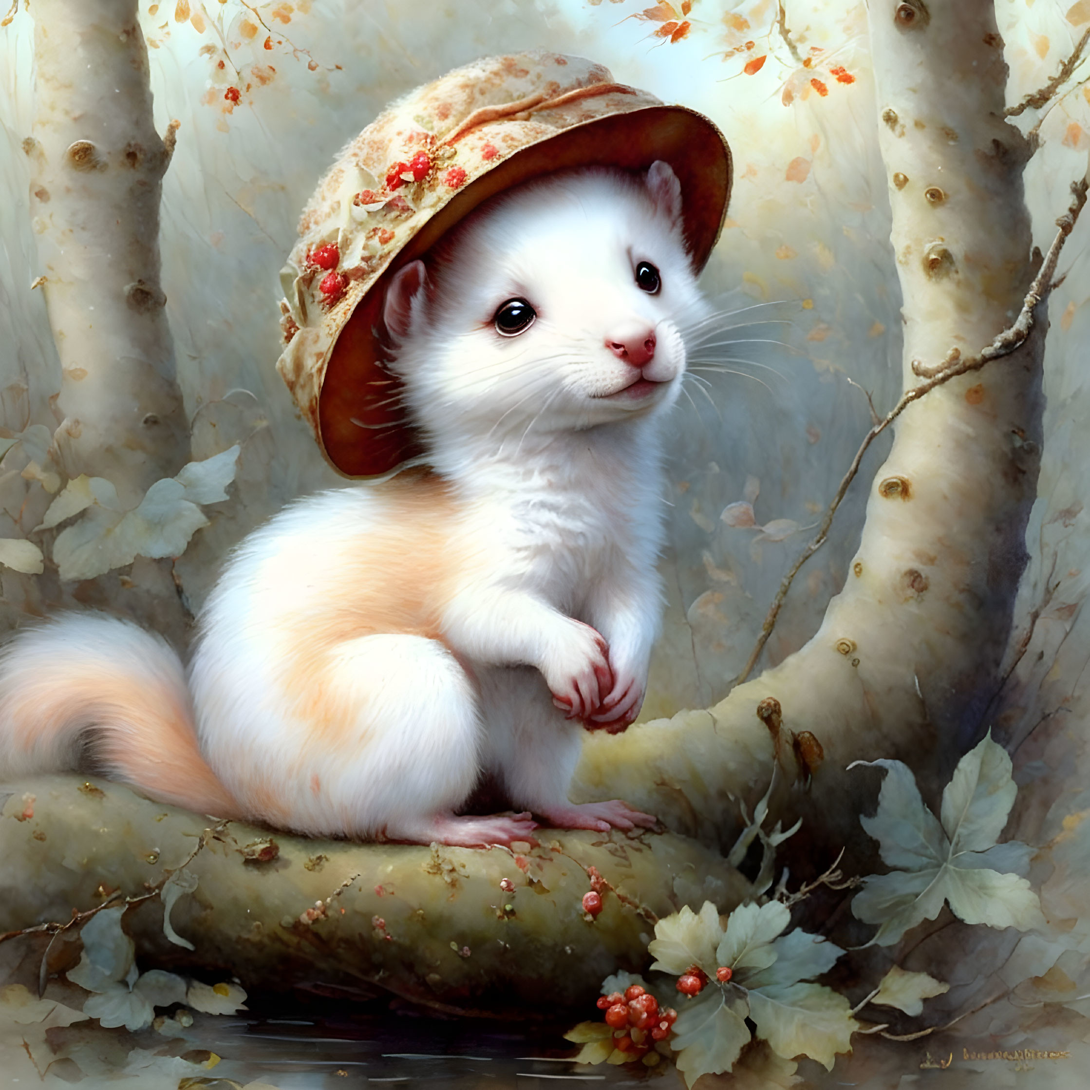 Illustration of white ermine in patterned hat on forest branch with autumn leaves.