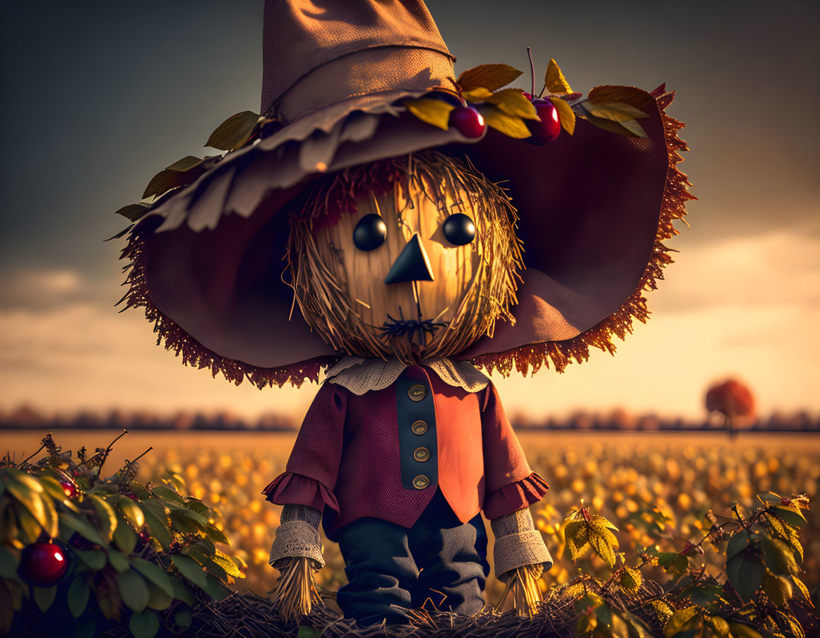 Scarecrow with button eyes in golden flower field at sunset